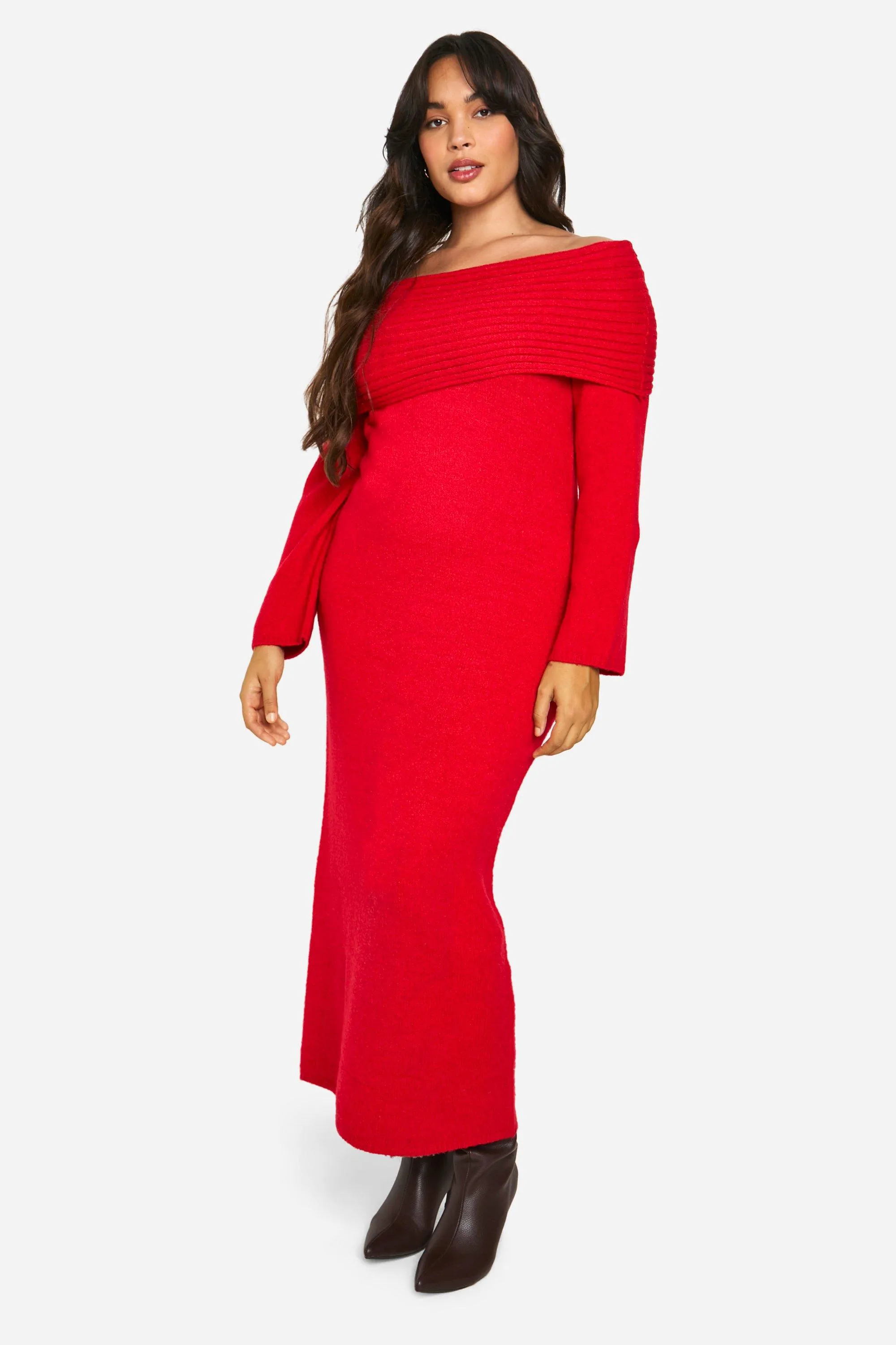 Plus Premium Oversized Rib Off The Shoulder Neckline Soft Knit Sweater Dress