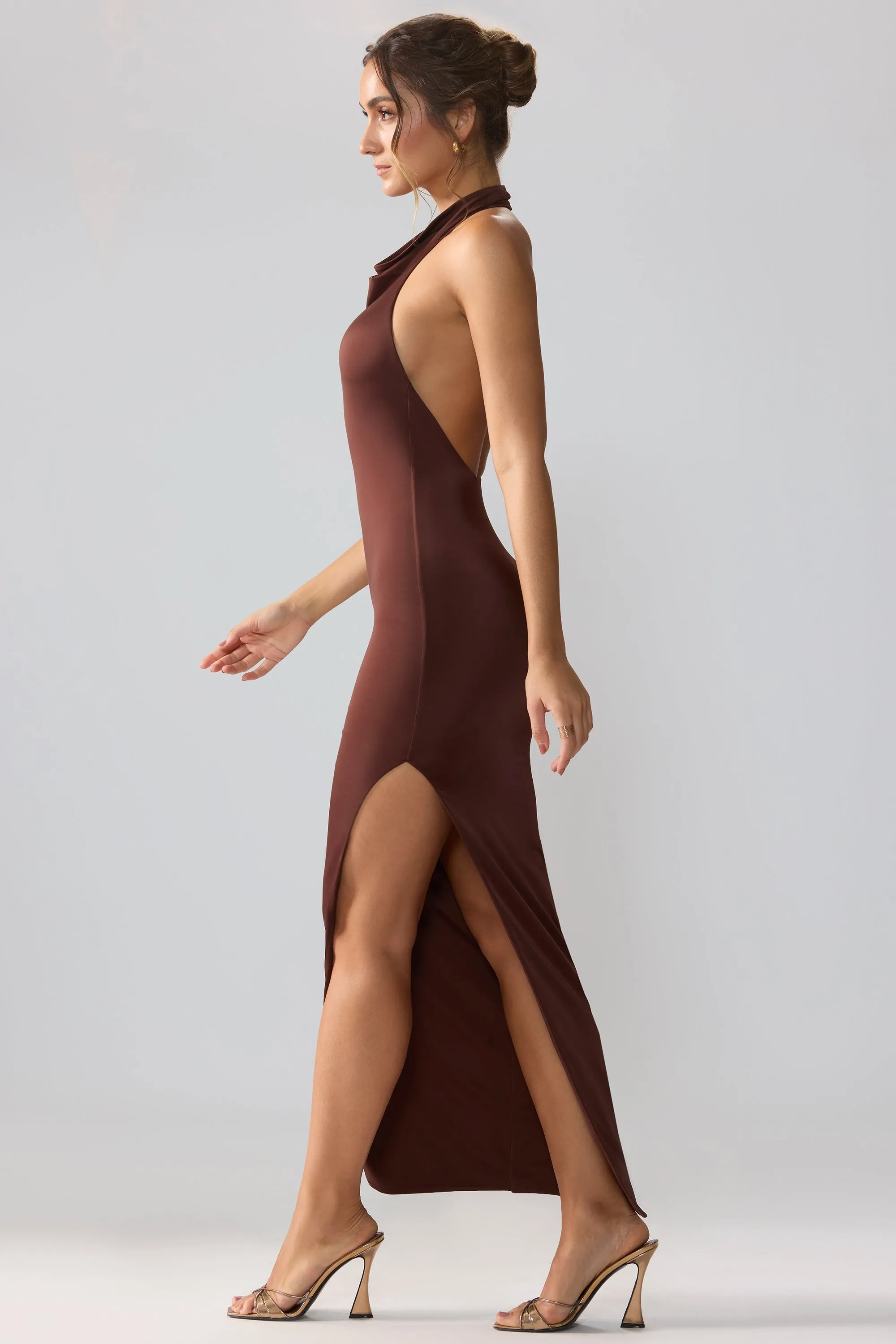 Premium Jersey Cowl Neck Backless Maxi Dress in Espresso