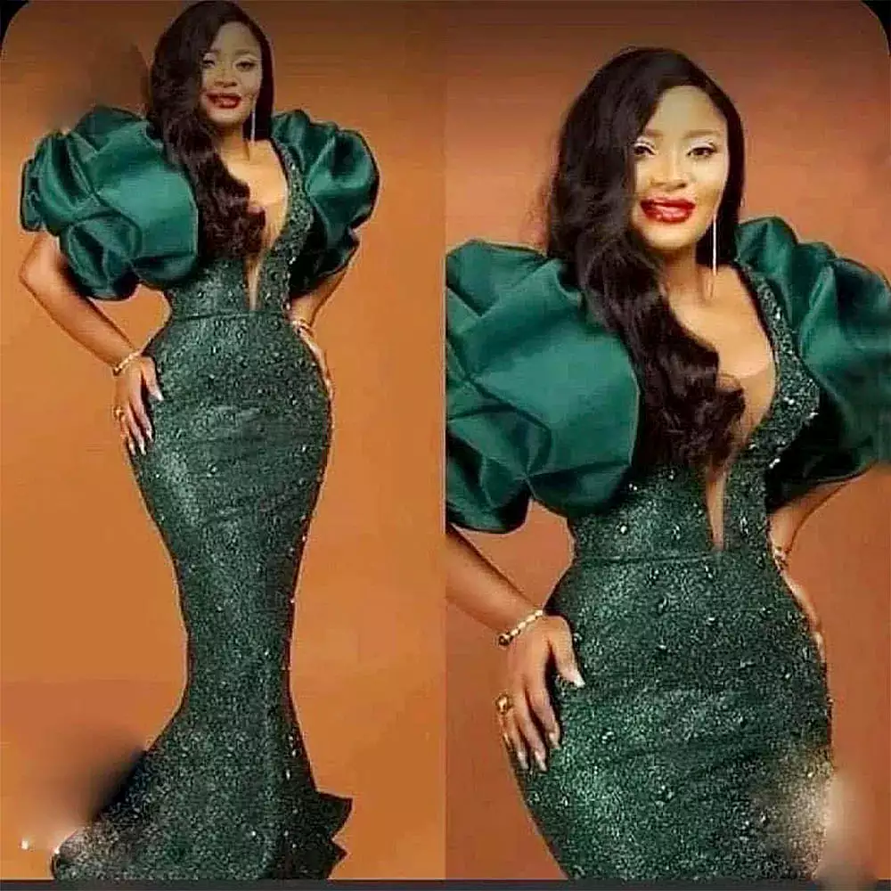 Prom Dresses Puff Sleeves Bead Sequined Hunter Green Mermaid  Evening Dress Plus Size