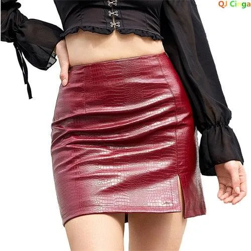 PU Ladies Slit Skirt Slim  Stretch Leather Skirt