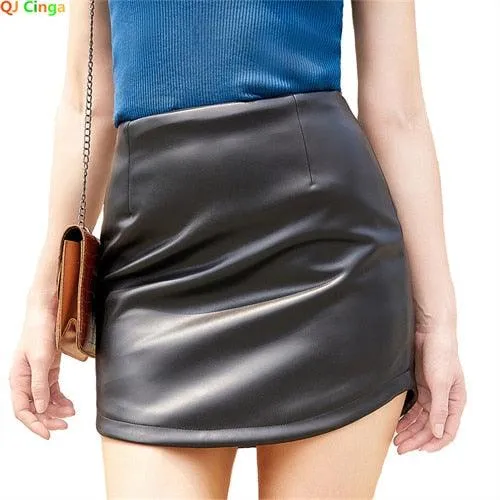 PU Ladies Slit Skirt Slim  Stretch Leather Skirt