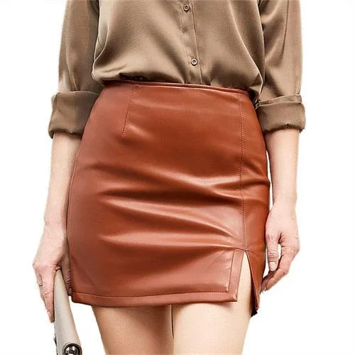 PU Ladies Slit Skirt Slim  Stretch Leather Skirt