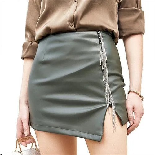 PU Ladies Slit Skirt Slim  Stretch Leather Skirt