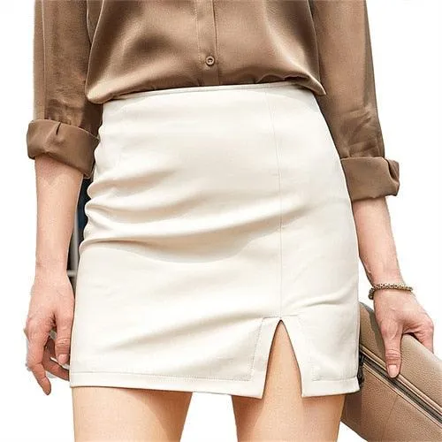 PU Ladies Slit Skirt Slim  Stretch Leather Skirt