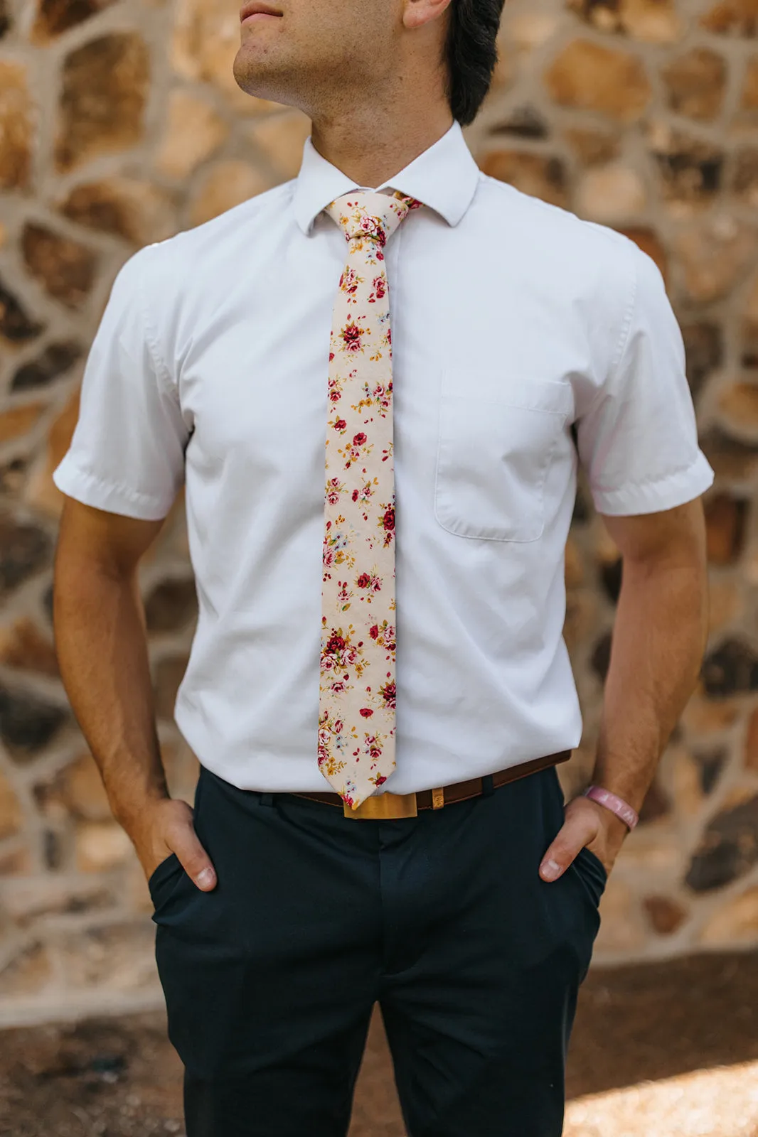 R&B Cream Tie w/ Pink Flowers