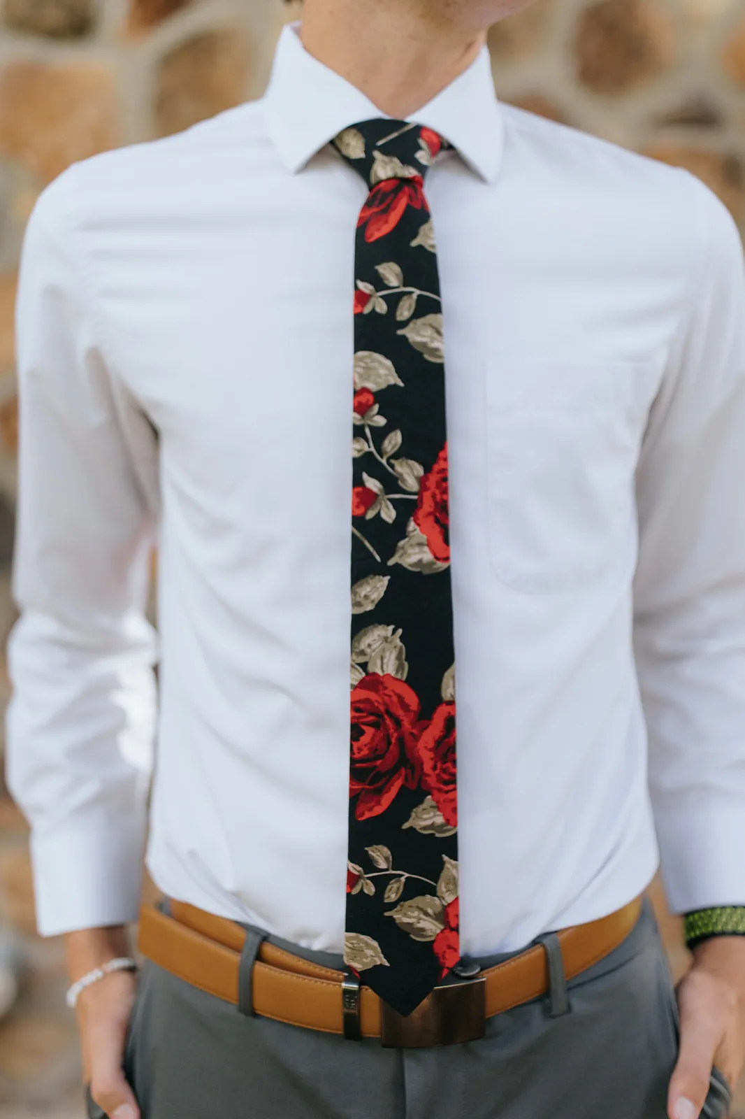 R&B Solid Black Tie w/ Large Red Rose