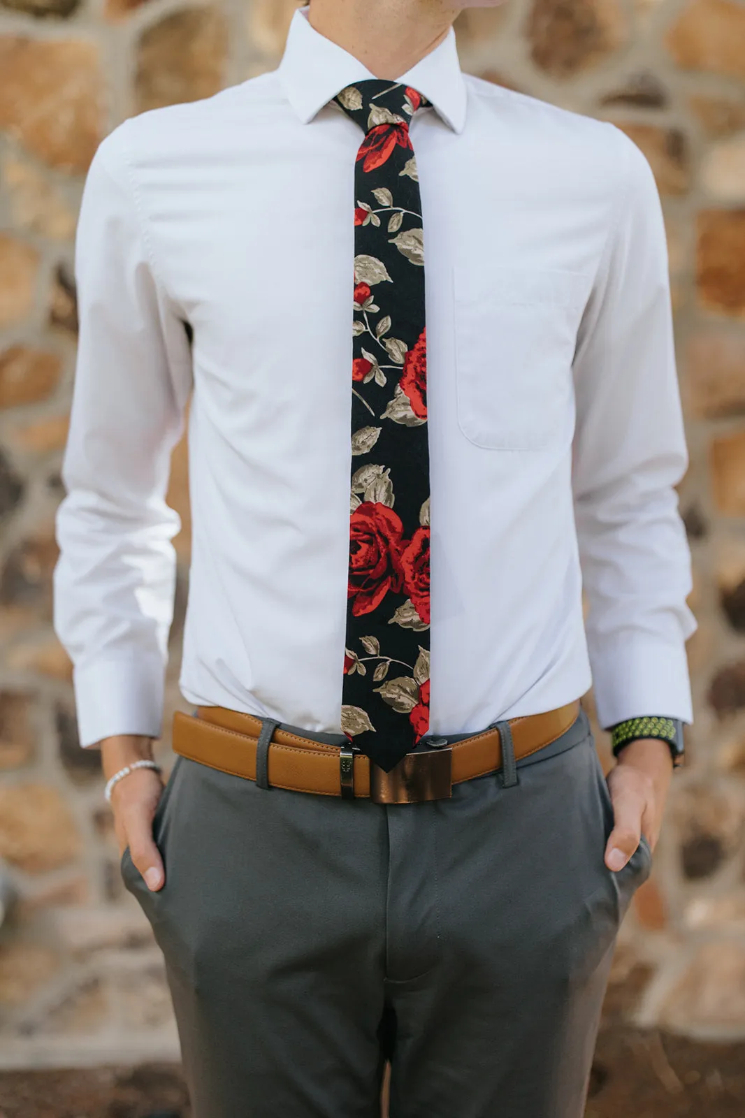 R&B Solid Black Tie w/ Large Red Rose