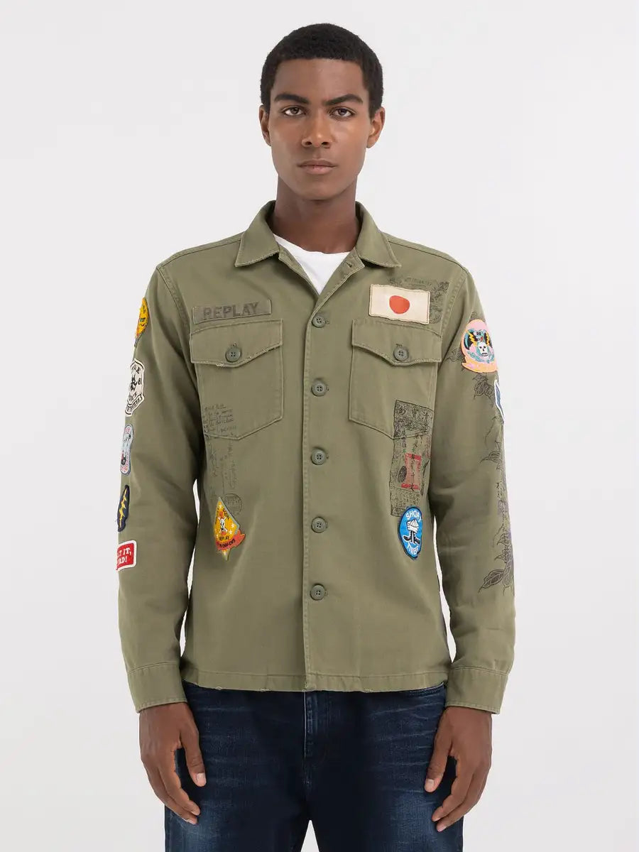 Replay PE24 Overshirt con Stampa e Patch All-Over Light Military Man