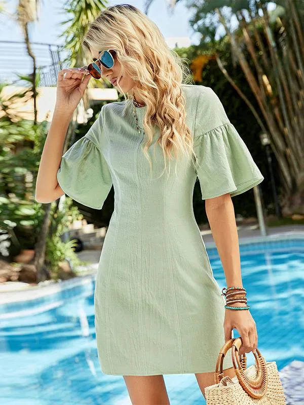 Sage Summer Dress Backless Peplum Sleeves Round Neck Mini Dresses