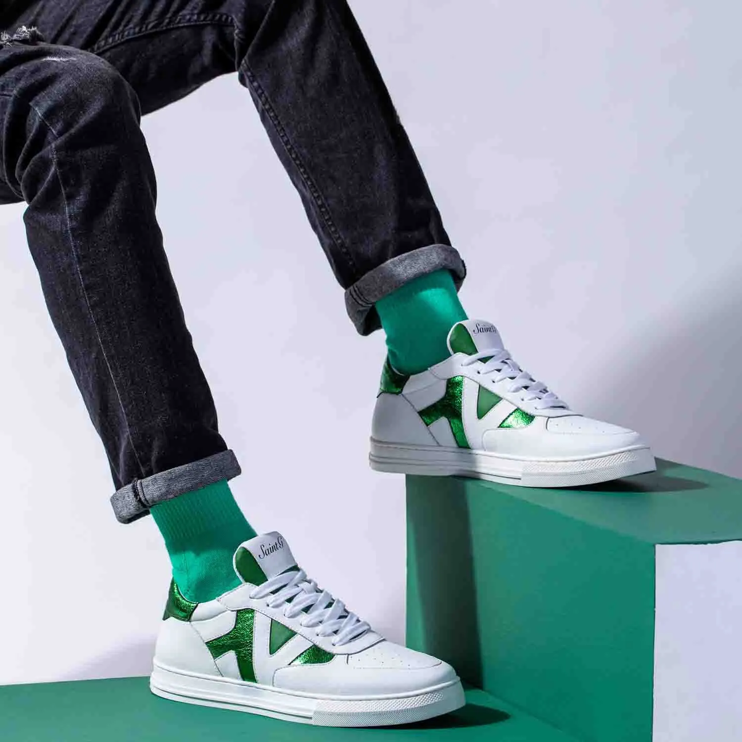 Saint Elliot White & Green Leather Handcrafted Sneakers