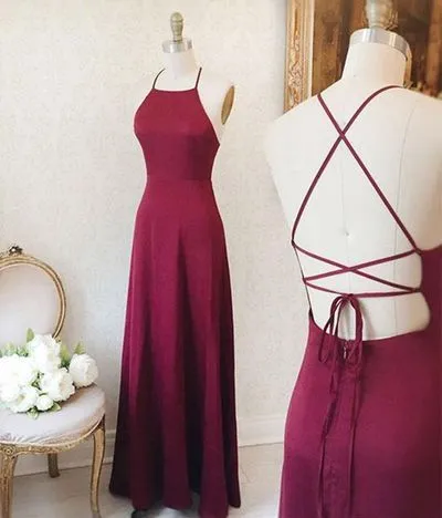 Simple Sexy Backless Evening Dress Burgundy Prom Dress