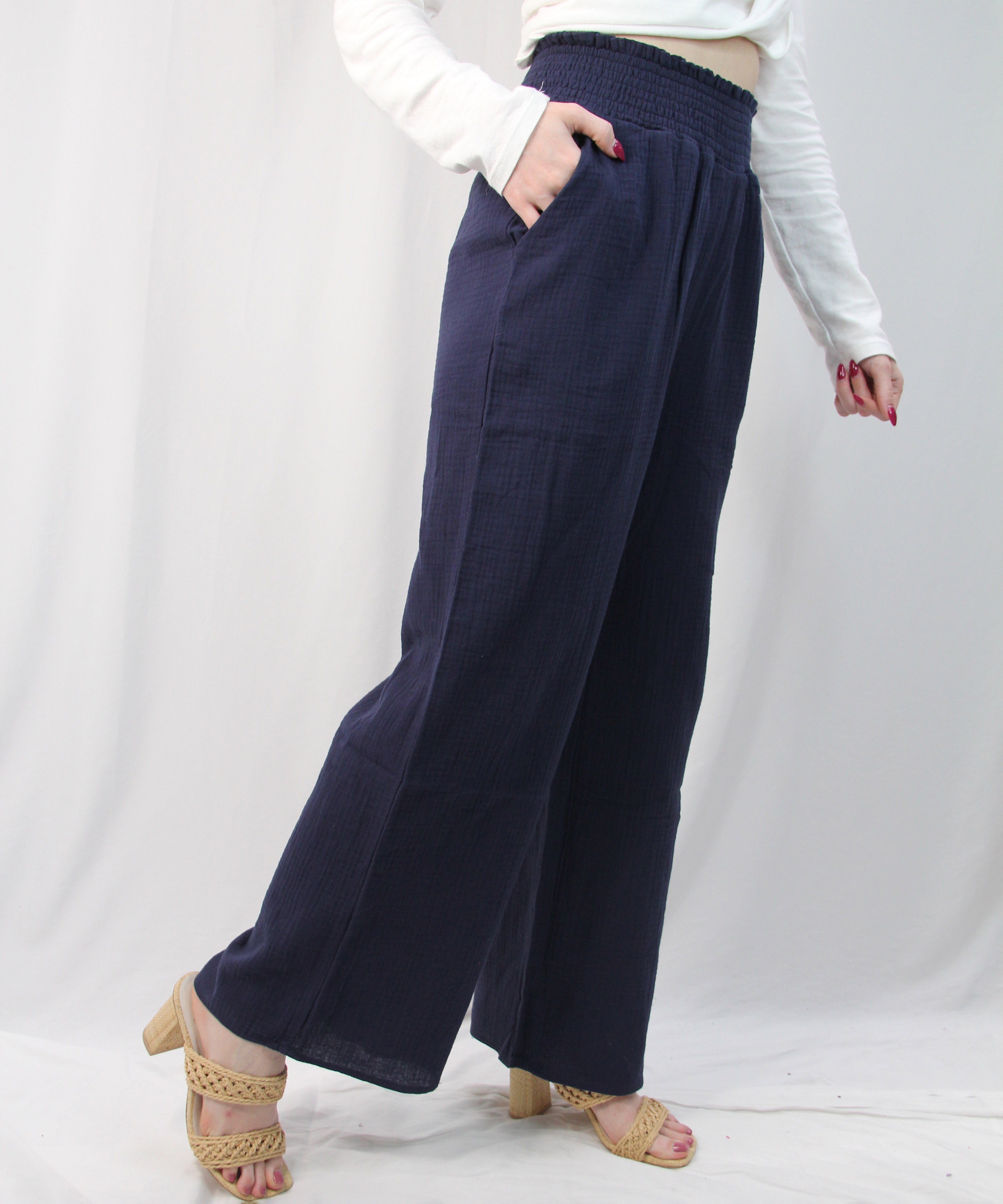 Smocked Waist Wide Leg Pants - Navy