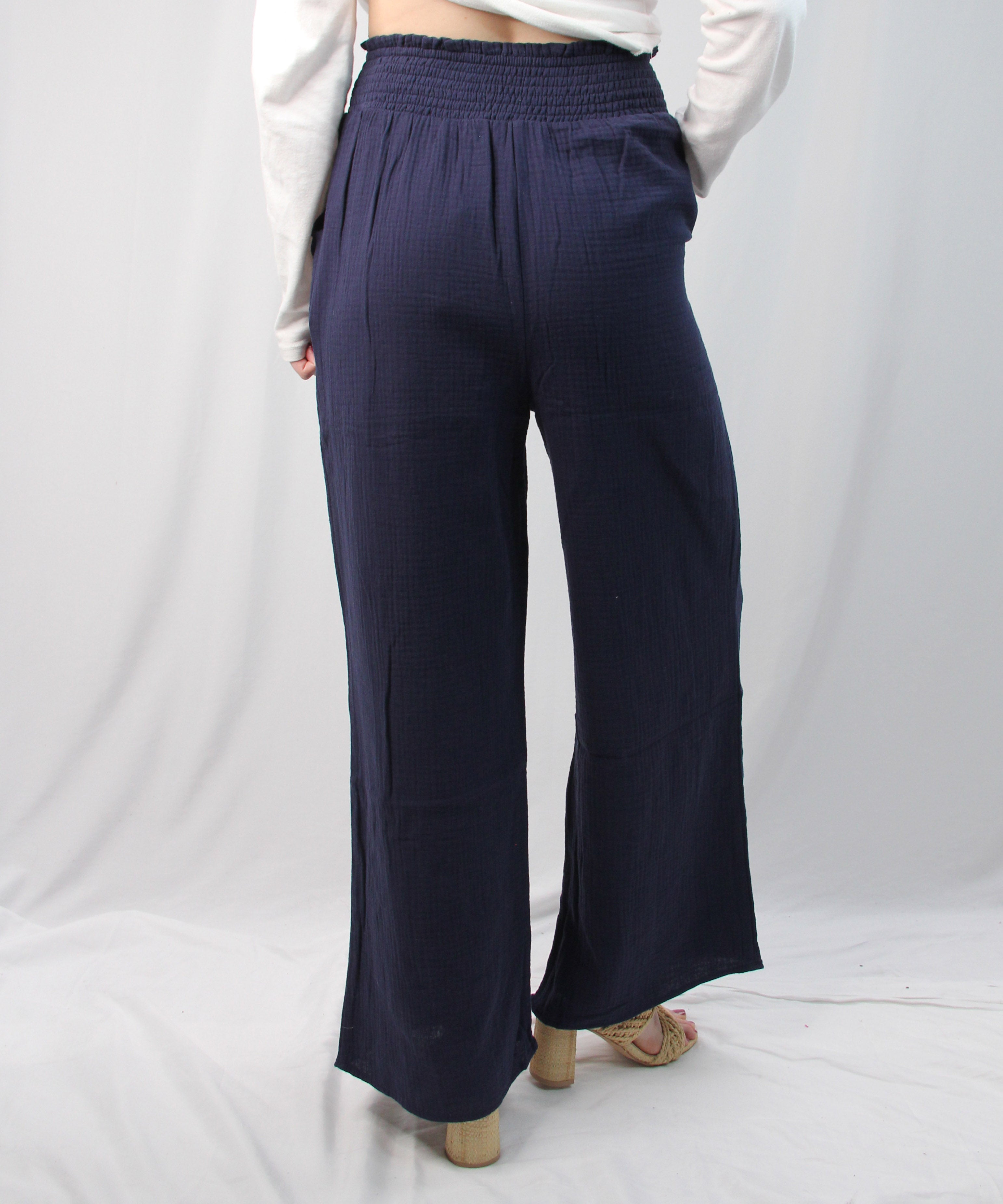 Smocked Waist Wide Leg Pants - Navy