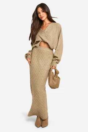 Soft Cable Twist Front Crop Sweater And Maxi Skirt Set