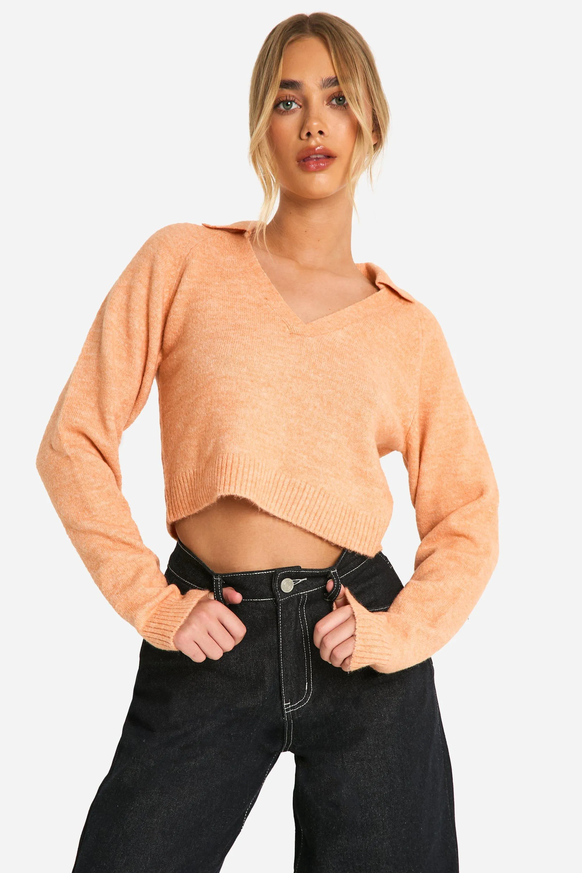 Soft Knit Fine Gauge Cropped Polo Collar Sweater