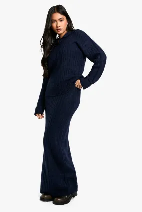 Soft Knit Thick Rib Collar Detail Sweater And Maxi Skirt Set