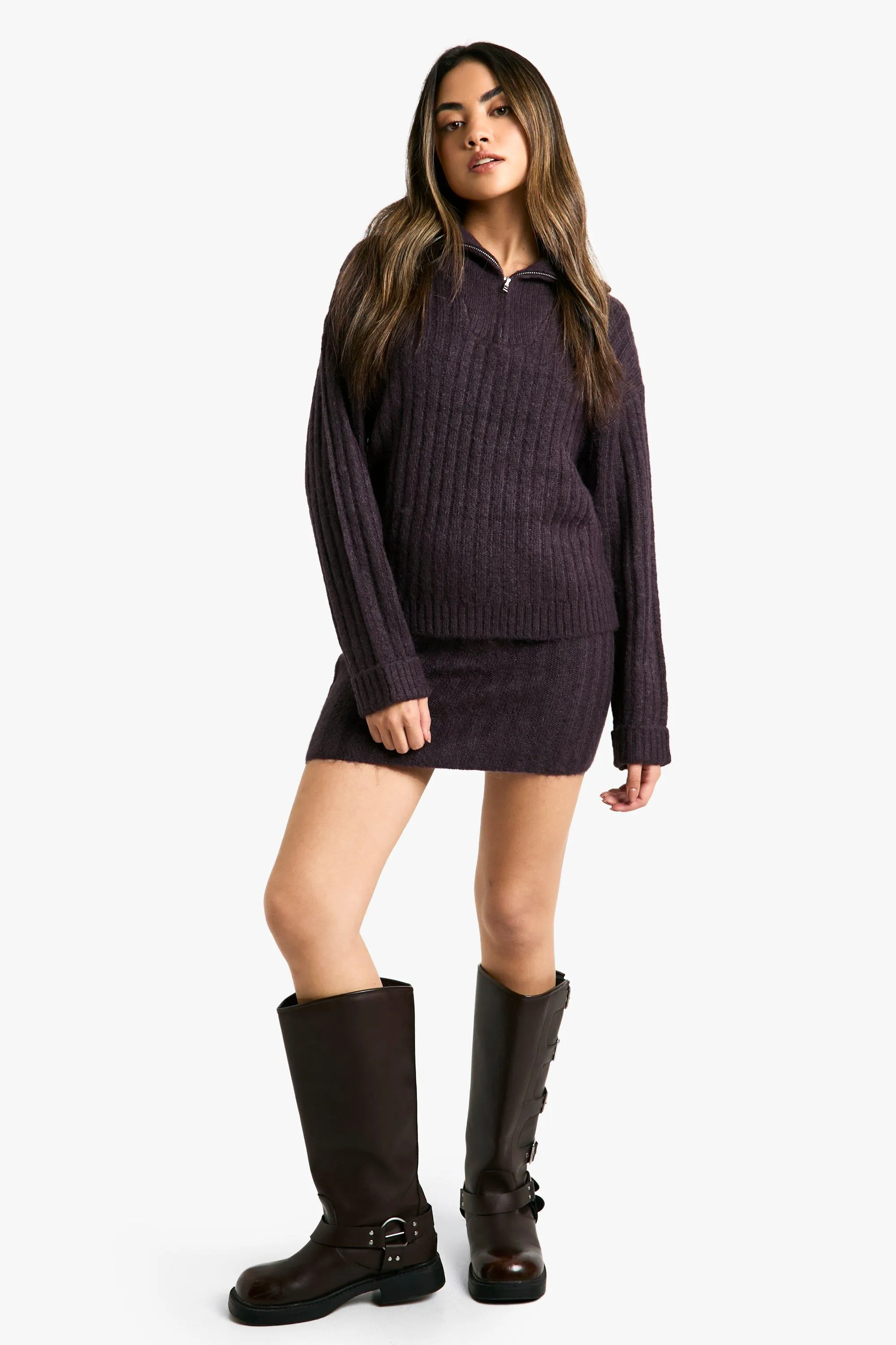 Soft Knit Thick Rib Zip Neck Oversized Sweater And Mini Skirt Set