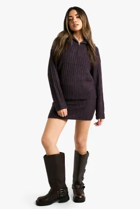 Soft Knit Thick Rib Zip Neck Oversized Sweater And Mini Skirt Set