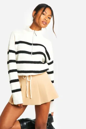 Stripe Drawstring Hemline Zip Funnel Neck Sweater