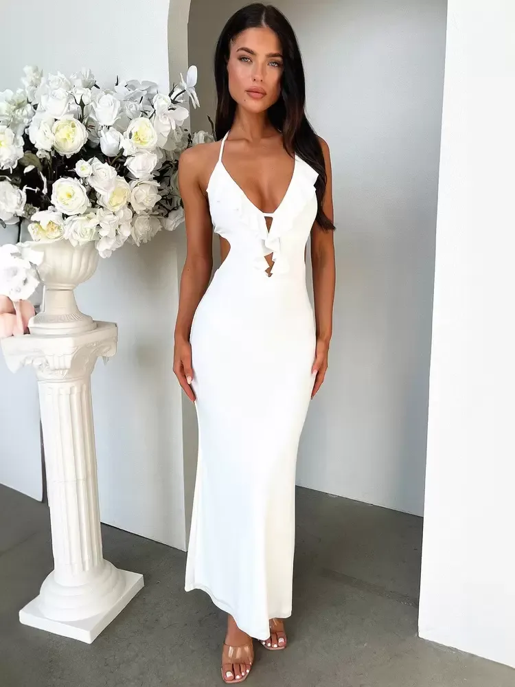 Summer Dress Halter Lace Up Backless White Long Beach Dress