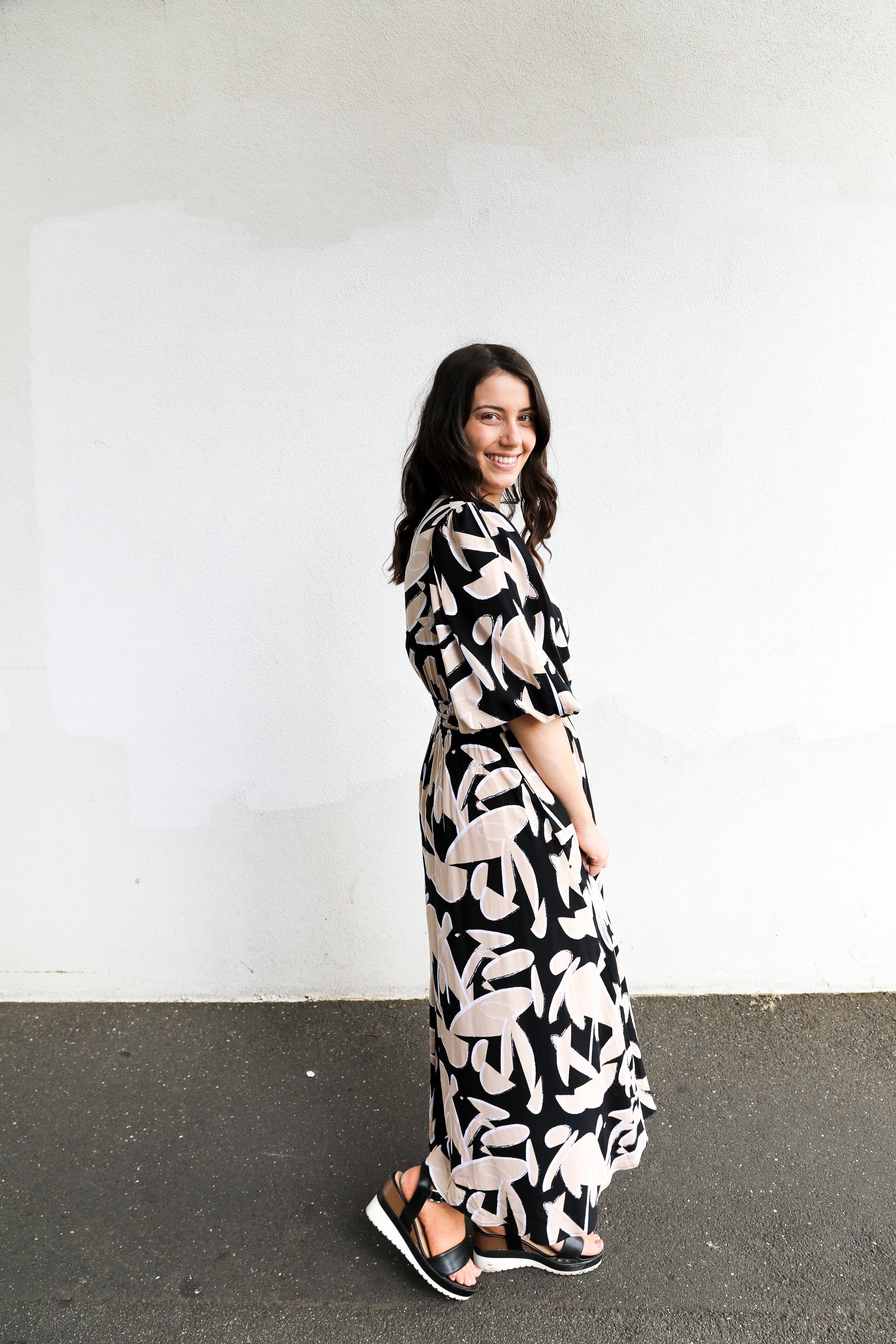 Sutton Dress (Taupe & Black Abstract Print)