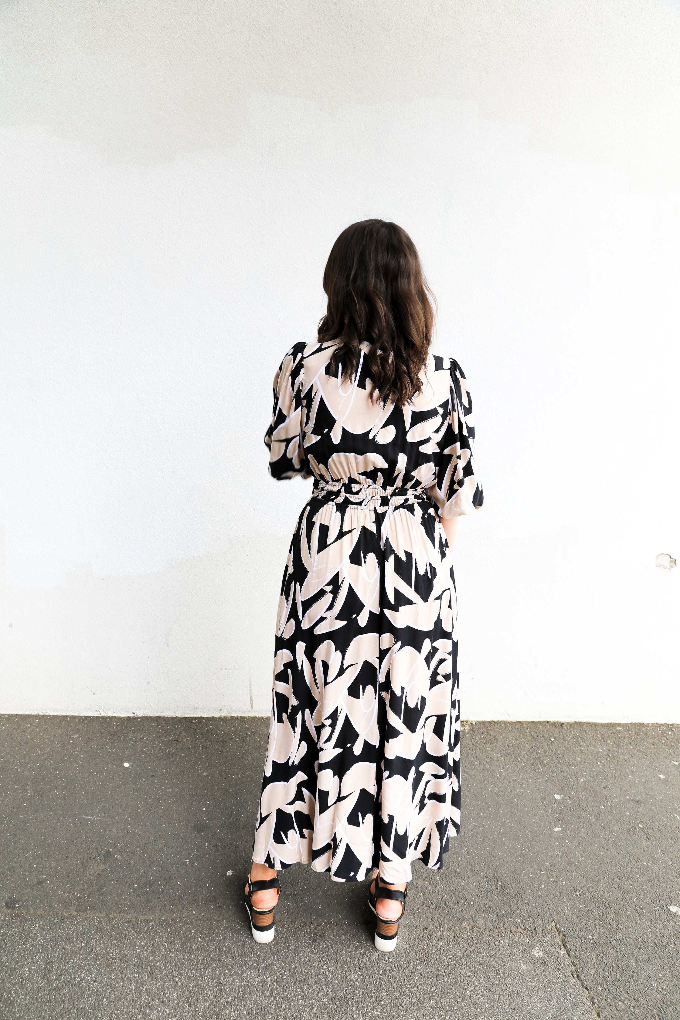 Sutton Dress (Taupe & Black Abstract Print)