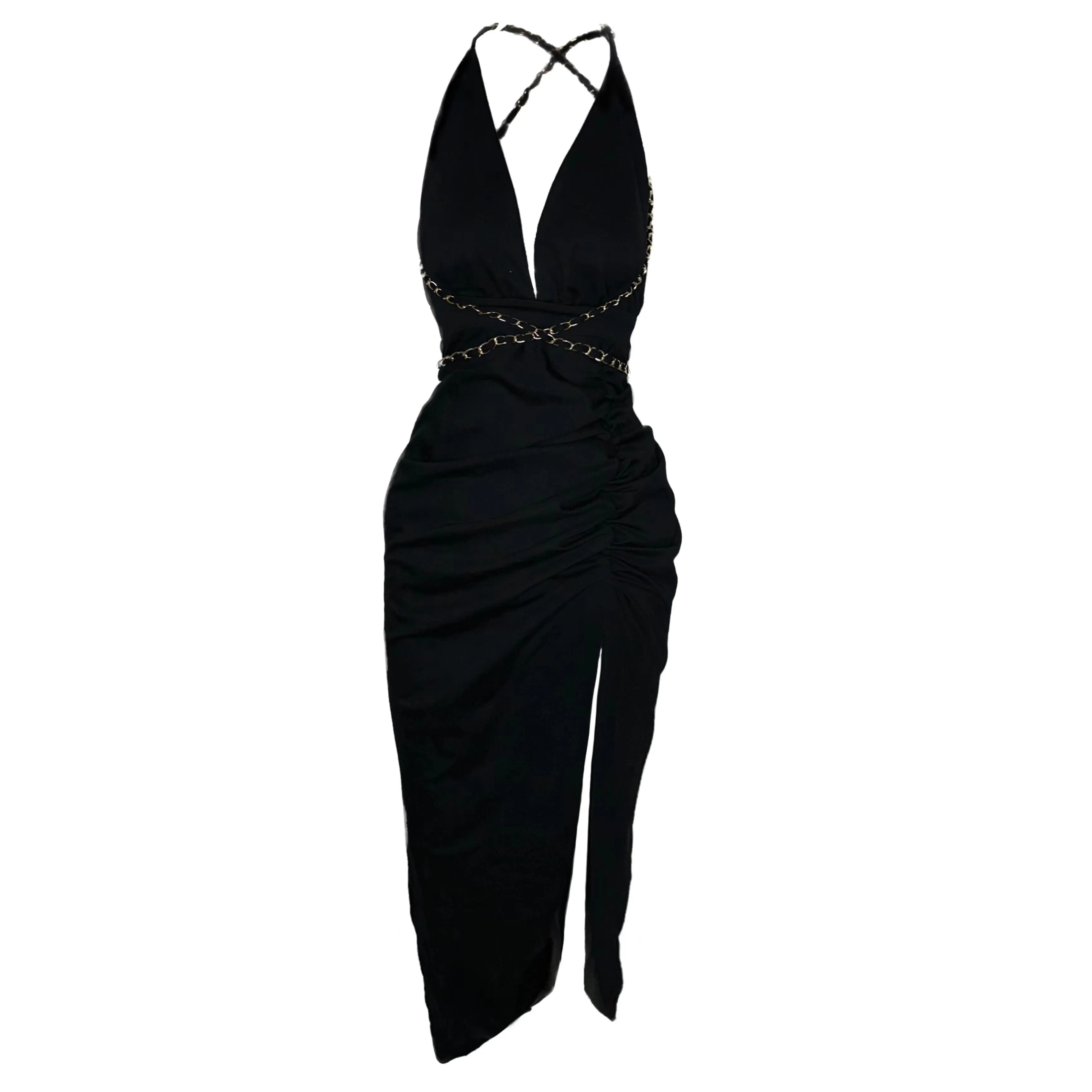 SYNEZ Backless Deep V Metal Chain Pleated Side Slit Long Dress