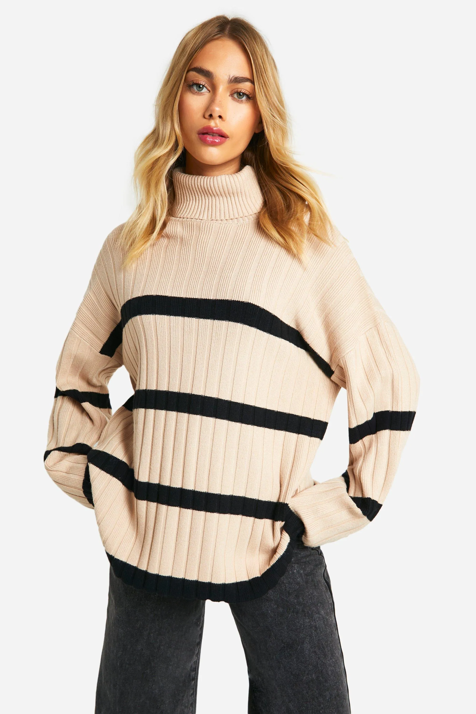 Turtleneck Thick Rib Stripe Sweater