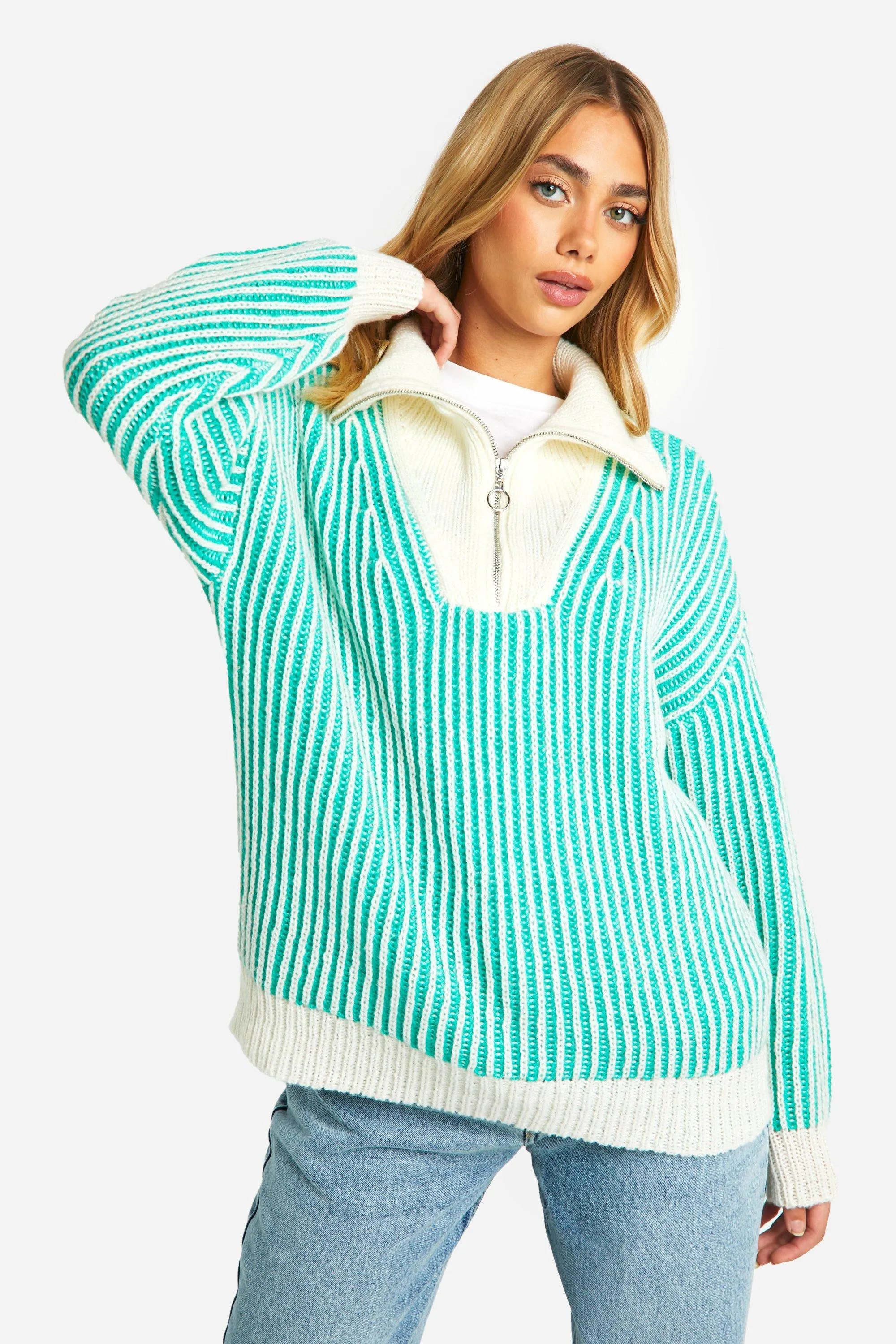 Two Tone Stripe Chunky Funnel Neck Sweater