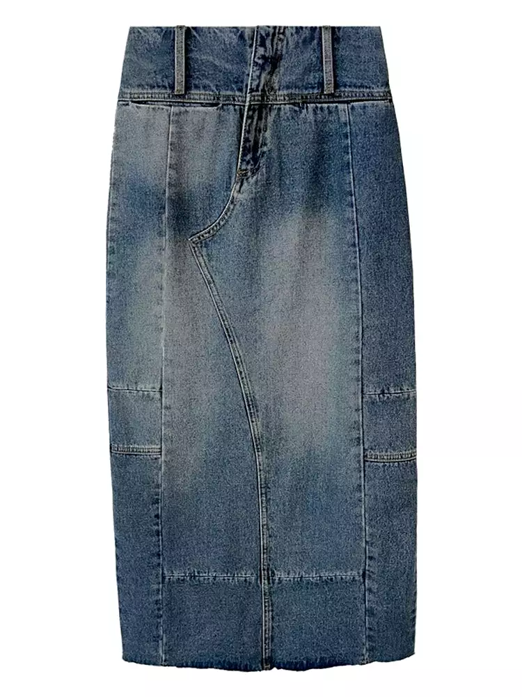 Vintage Blue Panel Zip Pocket Split Hem Denim Midi Skirt