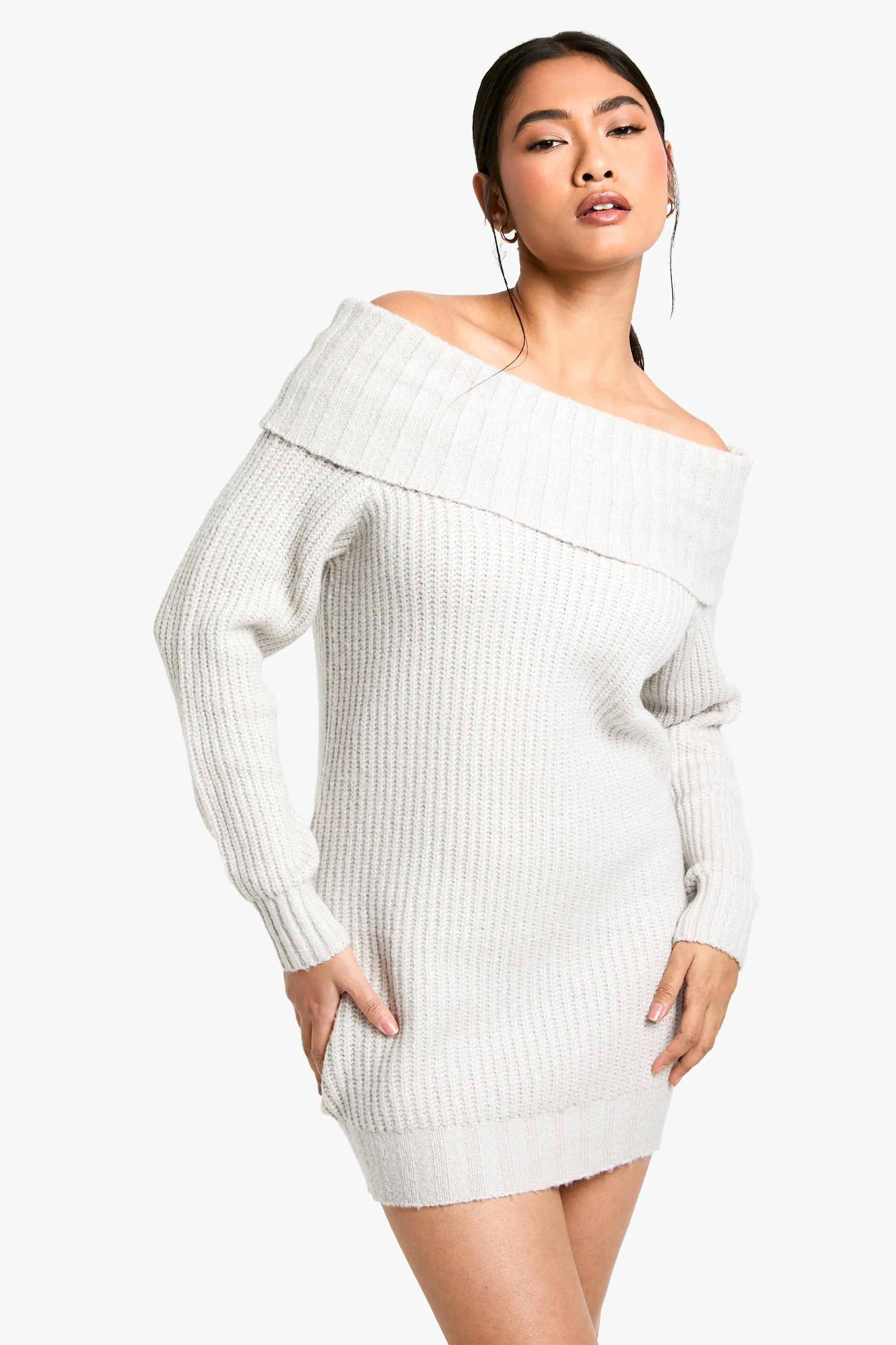 Wide Rib Off The Shoulder Neckline Mini Sweater Dress