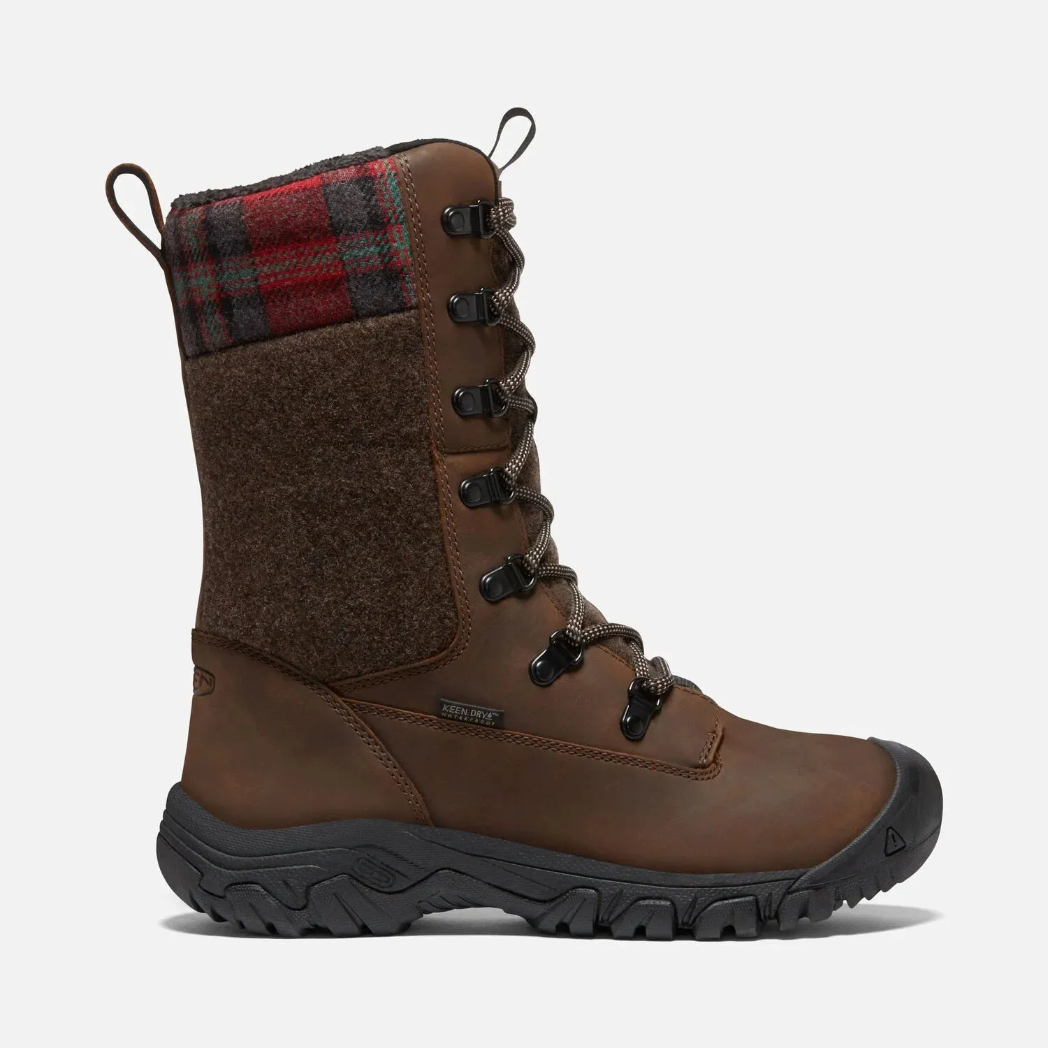 Women's Keen Greta Tall Waterproof Boot Color: Brown/ Red Plaid