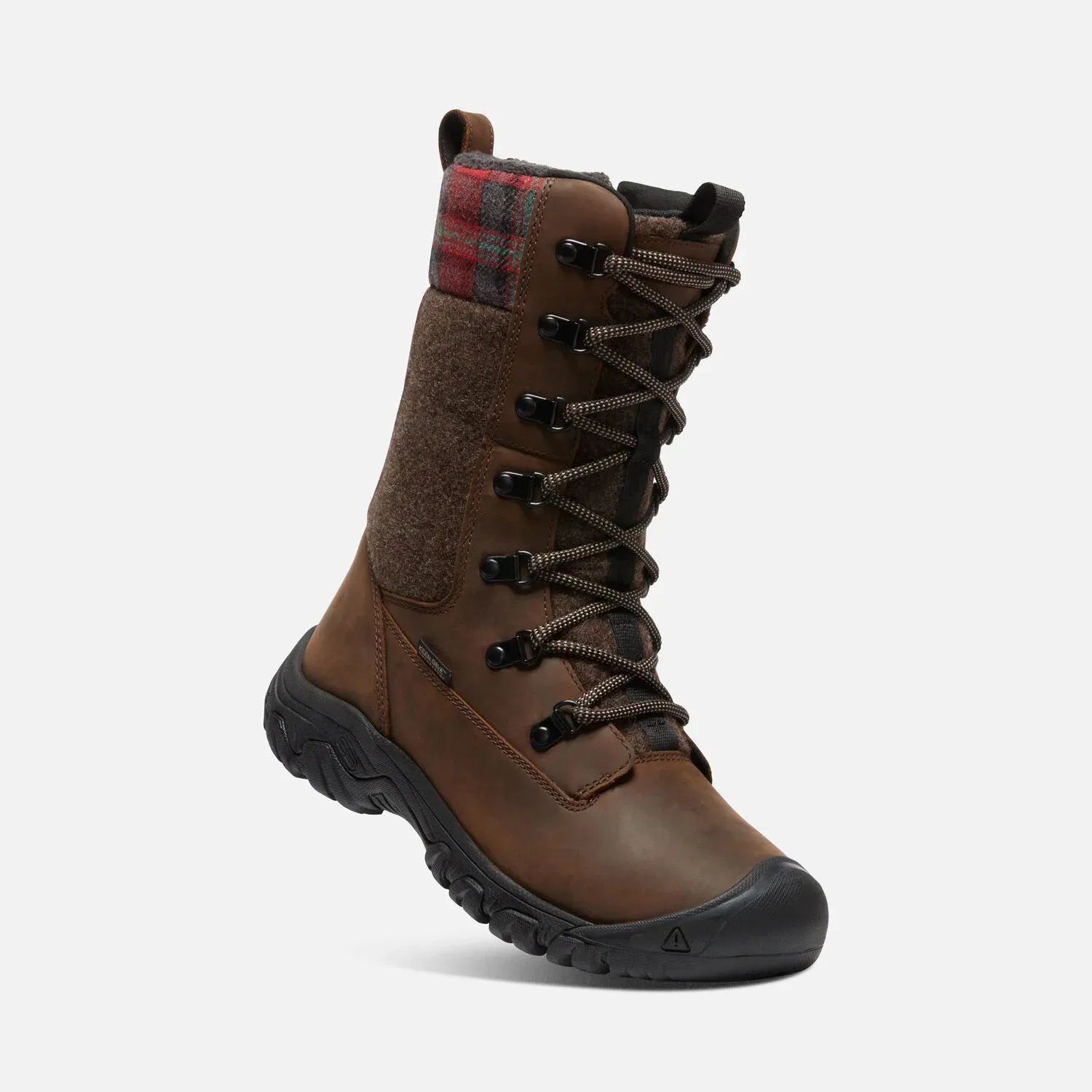 Women's Keen Greta Tall Waterproof Boot Color: Brown/ Red Plaid