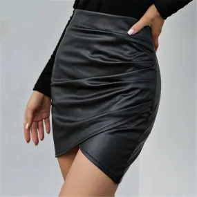 Women's Sexy Synthetic Leather Ruched Asymmetrical Bodycon Mini Skirts