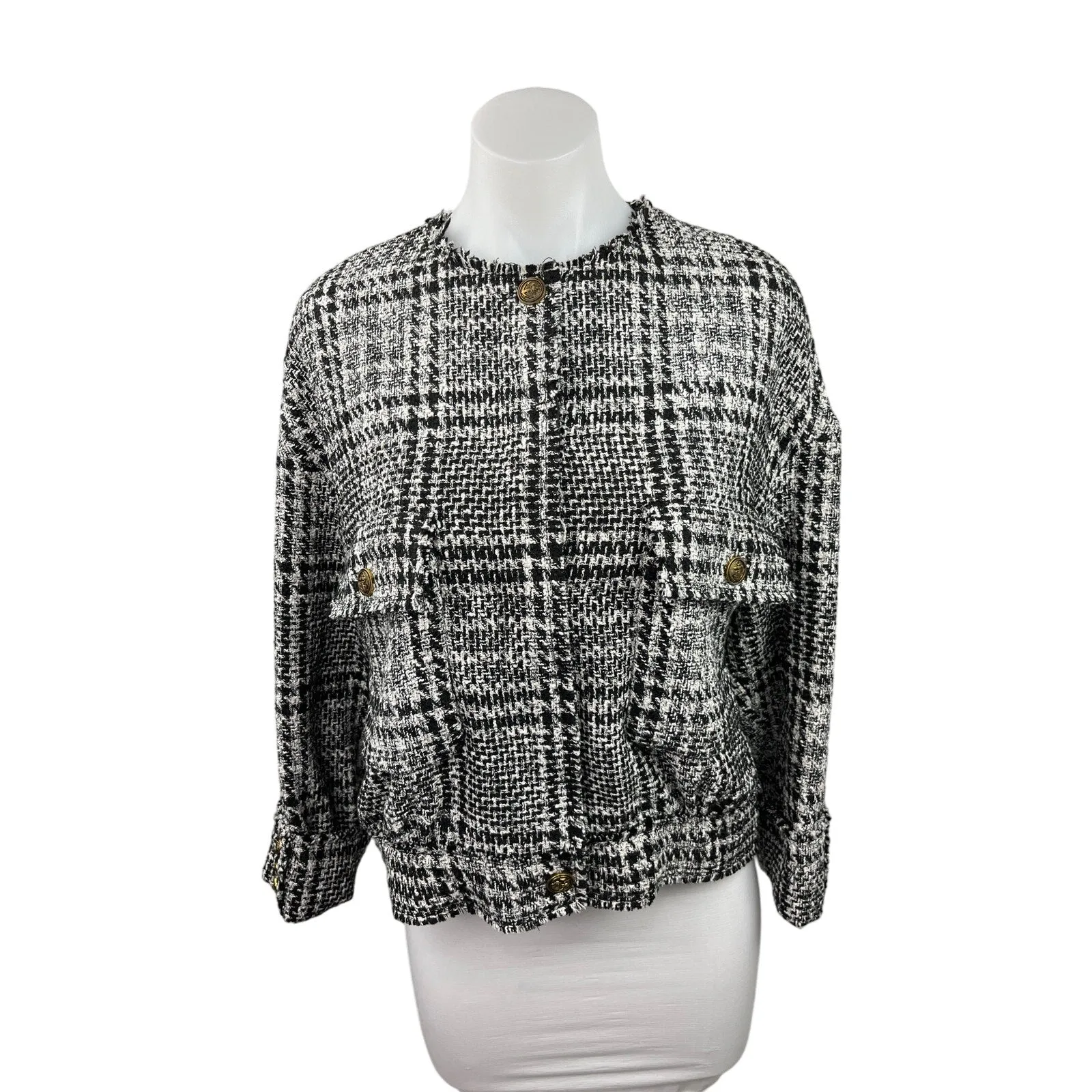 Zara Women's Black/White Plaid Tweed Frayed Long Sleeve Crew Neck Coat Jacket S